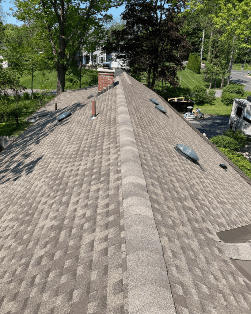 View from a roof with new asphalt shingles