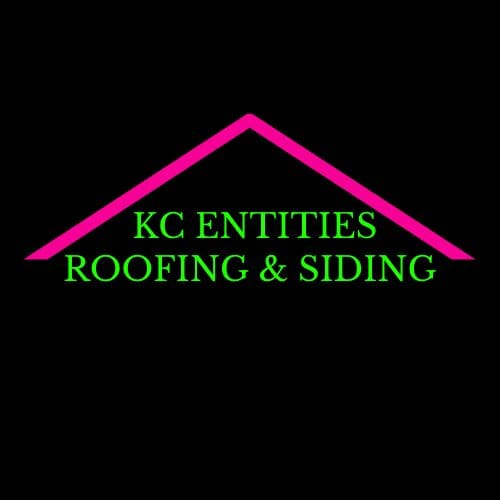 Black background, neon green text that says "KC Entities Roofing and Siding" with a bright pink roof above